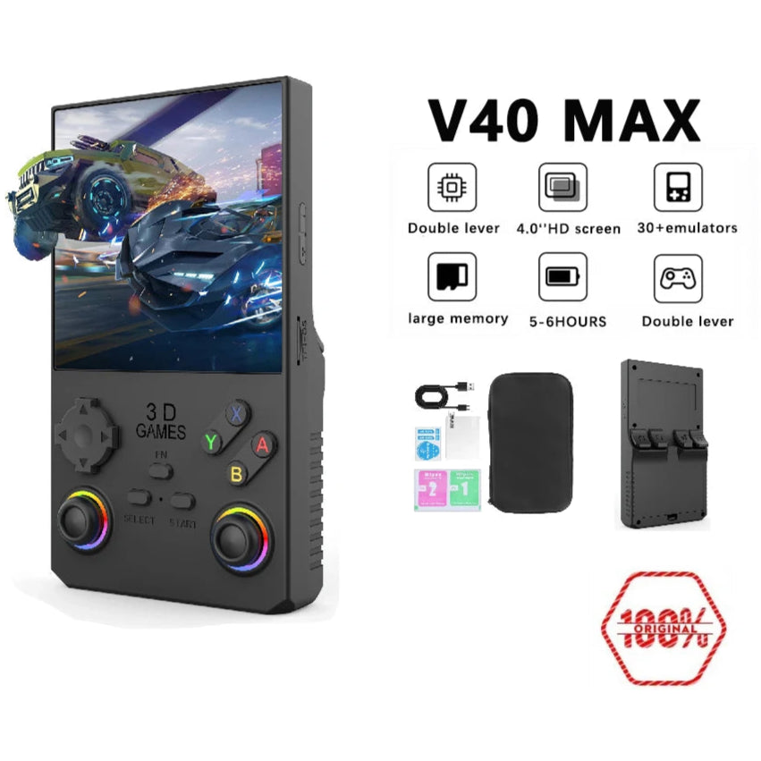 Handheld gaming console with features listed on a white background, branded 'ZGECB'.