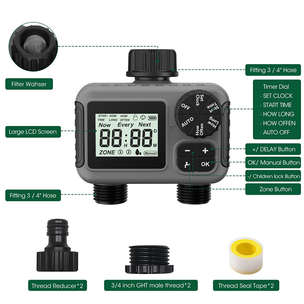 TNCE 1/2-Wege-Sprinkler-Timer, programmierbares Gartenbewässerungssystem, Bewässerungssteuerung für Rasenhof-Tropfsysteme, IPX5