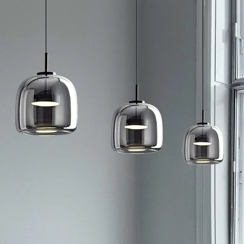 Modern LED Pendant Light Glass Smoke Gray Amber 15/26/38cm Dinner Table Hotel Lobby Bedroom Interior Lamp Home Fixture Decoratio