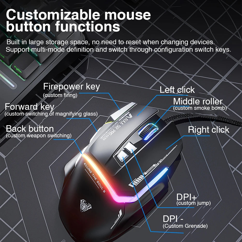 AULA S12Pro Gaming Mouse 12800DPI 1000Hz Return Wired 8 Buttons Macro Mouse for E-sports Ergonomic Design RGB Backlit