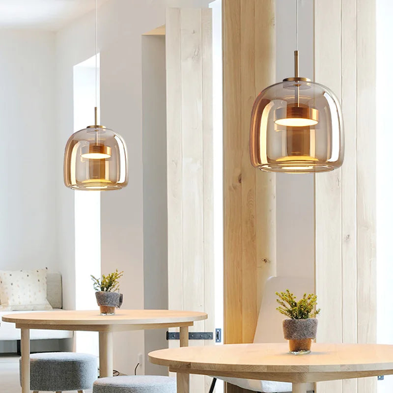 Modern LED Pendant Light Glass Smoke Gray Amber 15/26/38cm Dinner Table Hotel Lobby Bedroom Interior Lamp Home Fixture Decoratio