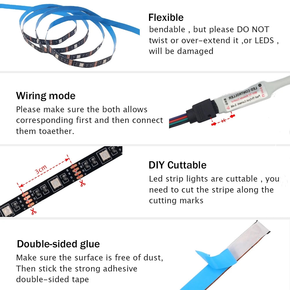DC 5V 5050 RGB Strip LED Light Battery Powed IP21/IP65 Ribbon Tape Stable Led Strips Indoor Outdoor 3/24/44key Control Remote