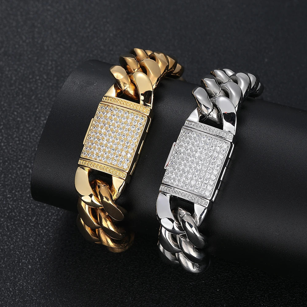 18MM Stainless Steel Cuban Chain With Bling Copper Cubic Zirconia Clasp  18k Gold Plated Hip Hop Cuban Bracelet Jewelry For Men