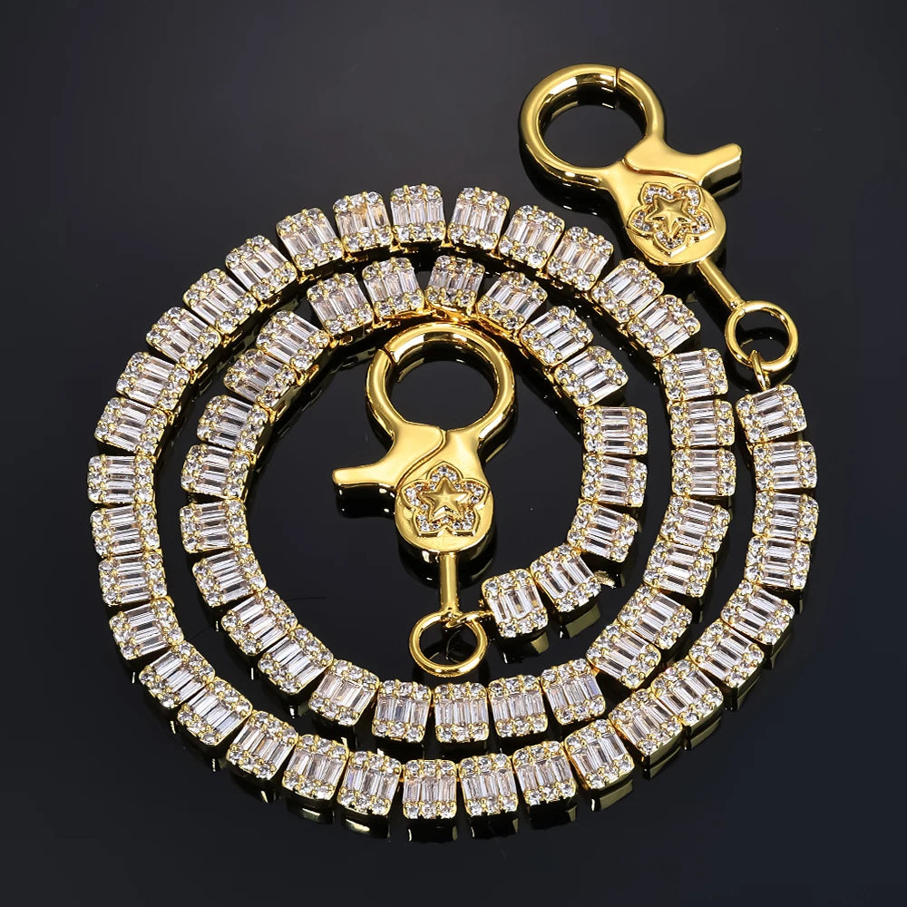 HHIOK New Rectangular Tennis Chain 5A Brass Inlaid Zircon Iced Keychain Hip Hop Rock Style Men's and Women's Jewelry Necklace