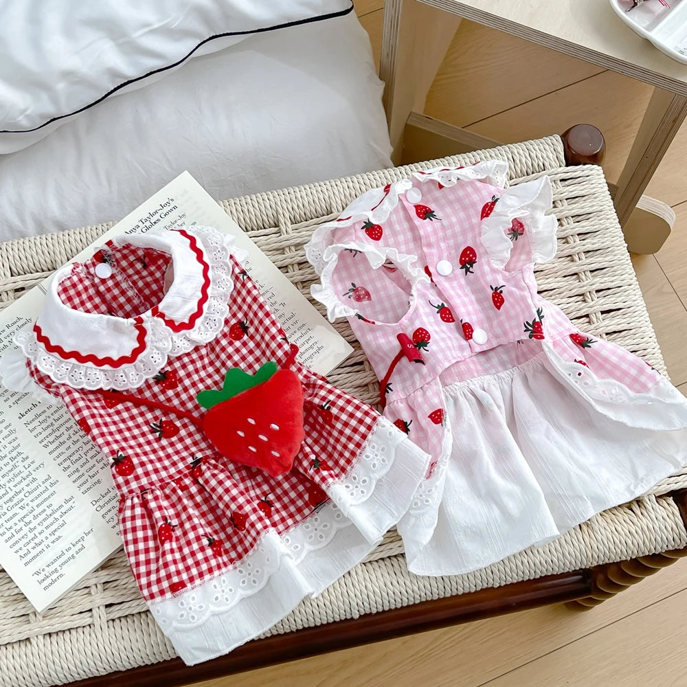 Erdbeerkleid für Hunde, Sommer, Frühling, niedlich, kariert, für Frauen, Mädchen, Welpen, Haustier, Katze, Kleidung, Kleidung, Yorkie, Chihuahua, kleine und mittelgroße Möpse