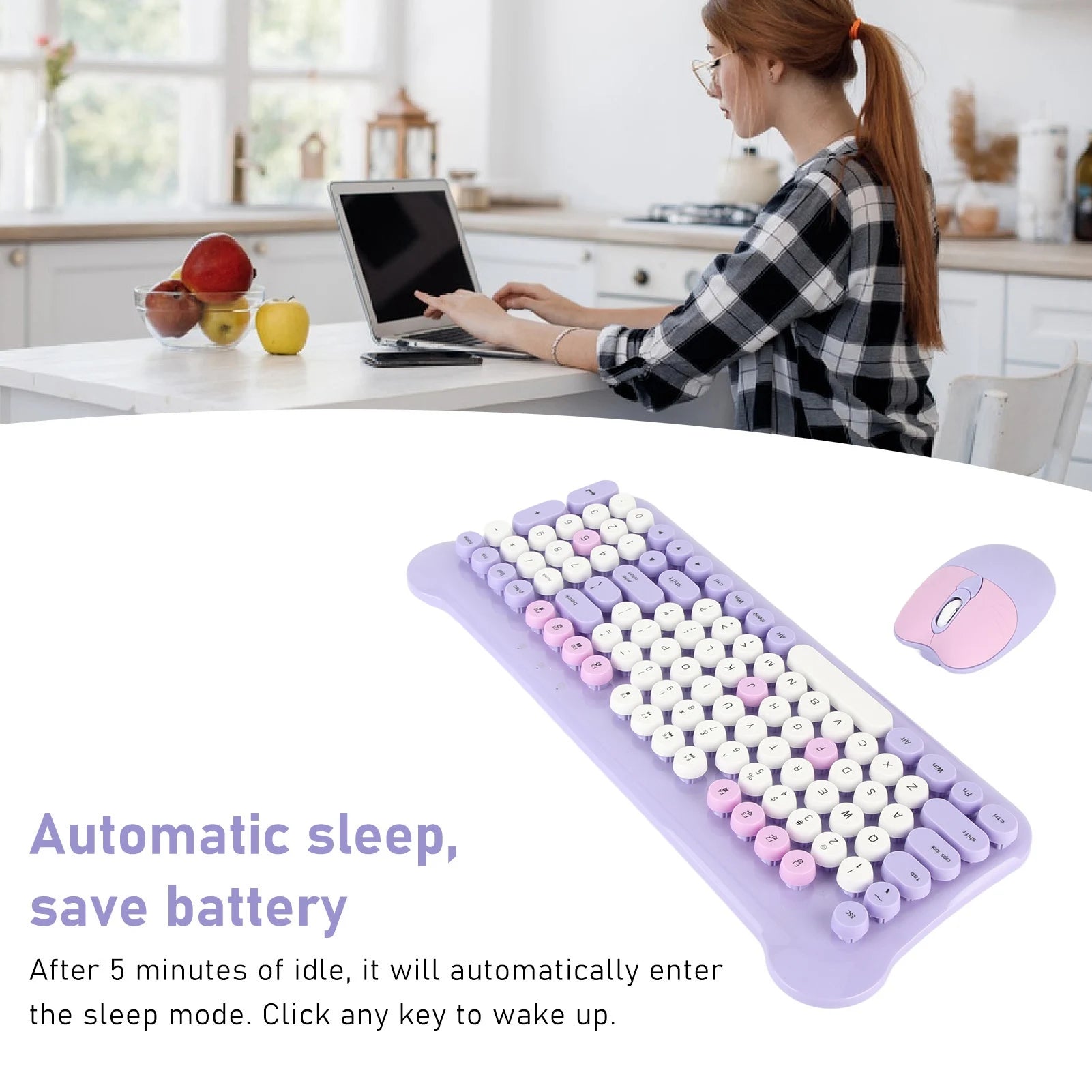 Colorful Keyboard and Mouse Plug and Play Wireless Keyboard and Mouse Set Responsive with Round Keycaps for Laptops PC Desktops