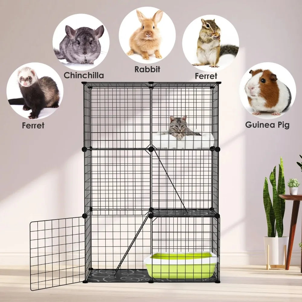 Large 3-Tier Cat Cage & Enclosure - Detachable Indoor Cat Playpen with 3 Doors & 2 Ramps, Metal Wire Cat Crate House Box for 1-2