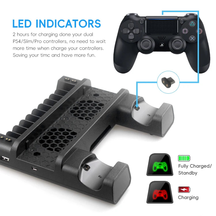 DATA FROG Vertikaler Lüfterständer für PS4 PS4 Slim PS4 PRO-Konsole Dual-Controller LED-Ladestation für Playstation 4 