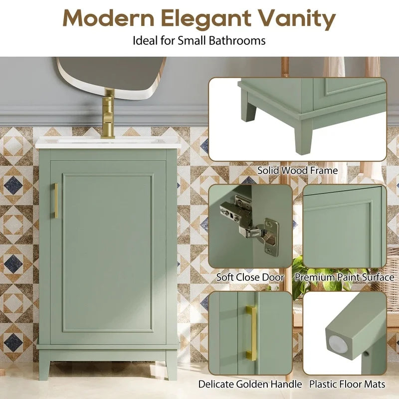 20 Inch Modern Small Bathroom Vanity Cabinet with Ceramic Basin, Ample Storage, Soft Close Door, Dimensions 20x15.5x33.3 Inches