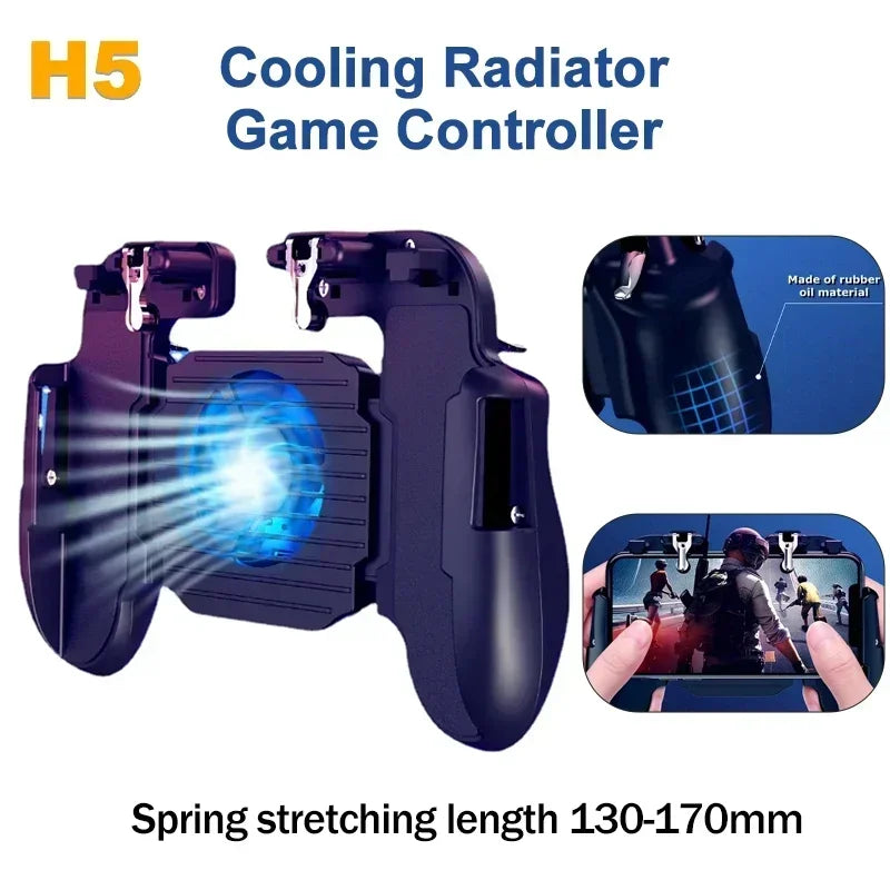H5 Mobile Phone 4 Fingers Gamepad Controller with Cooling Fan Radiator L1R1 Trigger Joystick for iPhone Android PUBG Game Handle