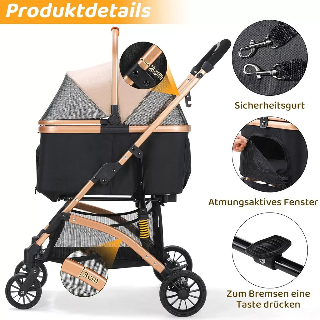 Hundebuggy 2 in 1 Kinderwagen Hundebox Transport Faltbarer Katzenbuggy, 360° verschleißfeste Gummiräder, mit Ablagekorb