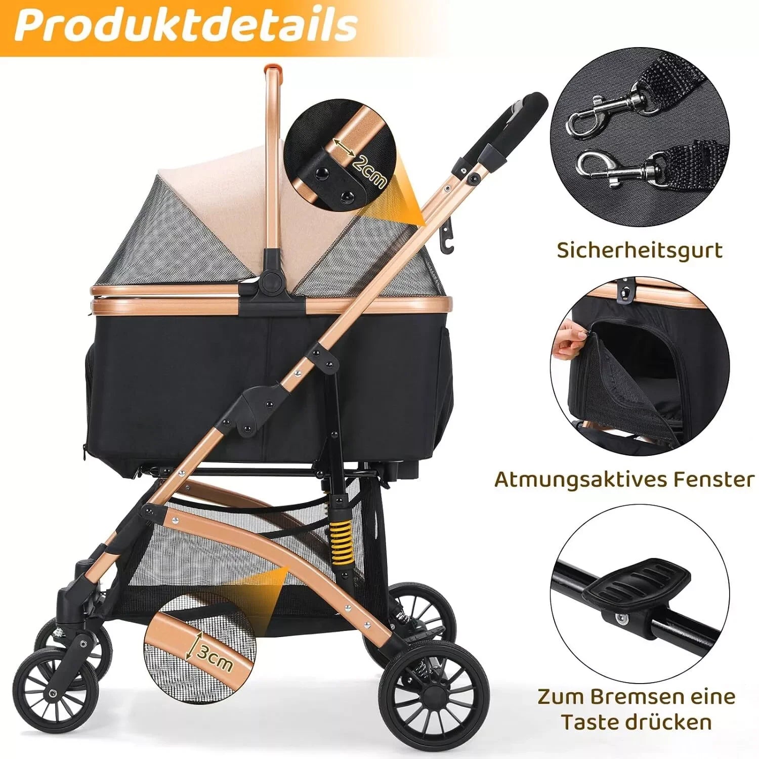 Hundebuggy 2 in 1 Kinderwagen Hundebox Transport Faltbarer Katzenbuggy, 360° verschleißfeste Gummiräder, mit Ablagekorb