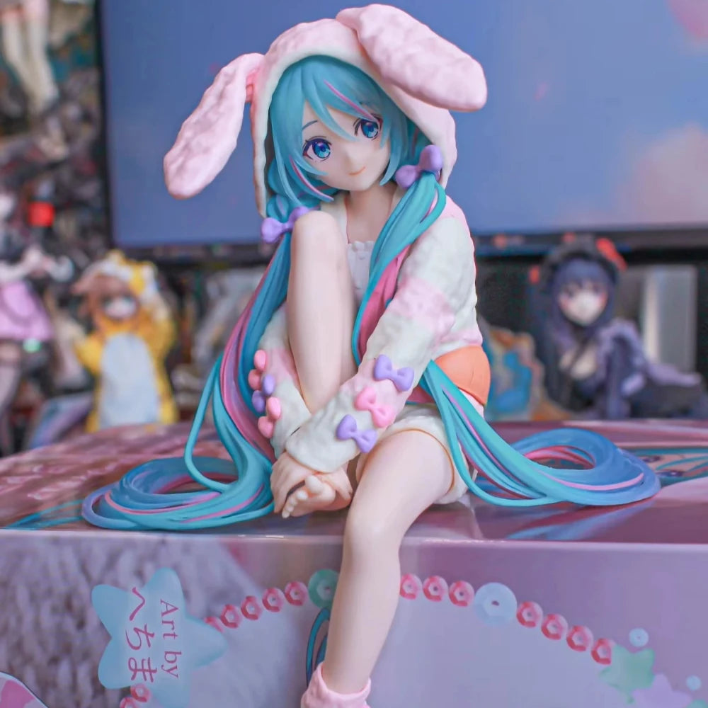 15CM Anime HATSUNE MIKU Figure Noodle Stopper Figure Rabbit Ear Pajamas Model Toy Doll Aciton Figure Collection Gift PVC