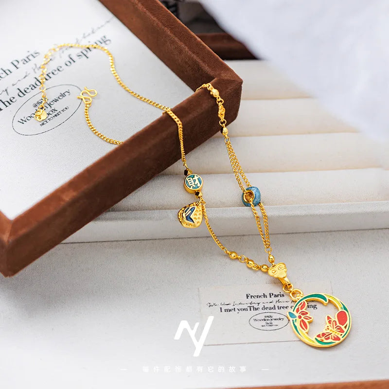 New Chinese Style 9999 24K Real Gold High Enamel Flowers Butterfly Pendant Necklace Design Orchid Butterfly Collarbone Chain