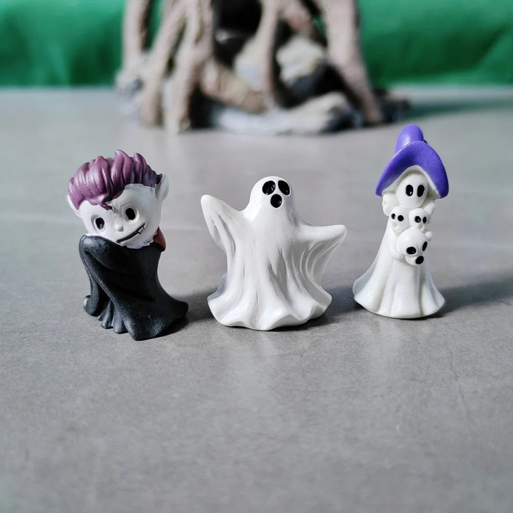 10 Stück Mini-Geist-Teufel-Zauberer, Festi-Kürbis-Schädel, Halloween-Dekoration, Kunstharz, Basteln, Miniaturfigur, winzig, für Feengarten-Dekor