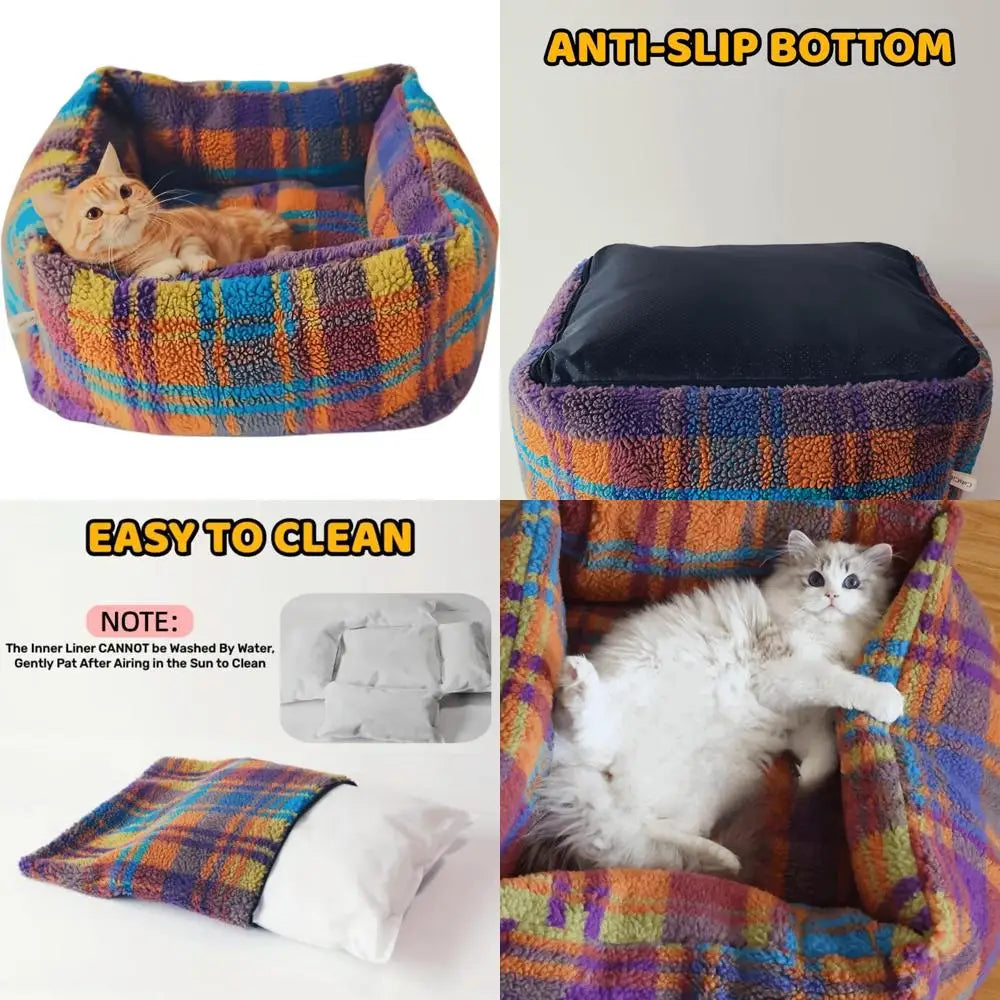 "cozy plaid cat and small dog sofa bed with self-warming feature for indoor use"