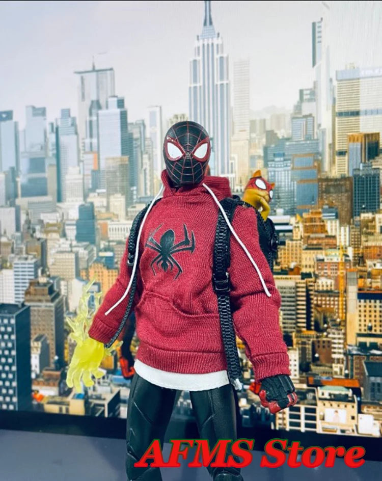 1/12 Men Soldier Miles Cosplay Clothes Long Sleeve Print Hoodie Black Backpack Sneaker For DIY 6" Spider Boy Action Figure Body