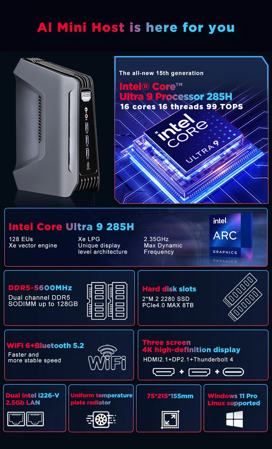 Kingnovy F12 RGB Gamer Mini-PC 14. Intel Ultra 9 285H 7 255H Thunderbolt4 2xDDR5 2xPCIe 2x2,5G LAN Windows 11 KI-Computer WiFi6