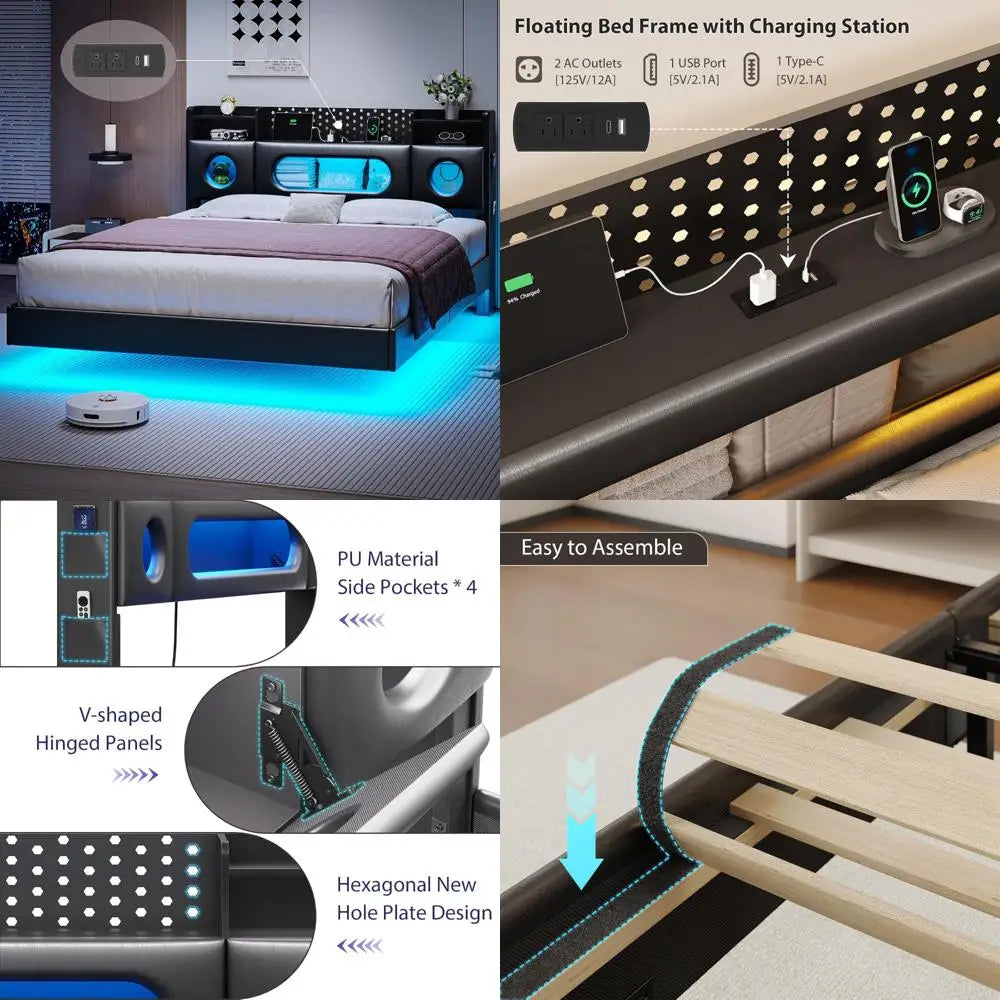 Queen Size Floating Bed Frame with Storage and LED Headboard Platform Bed with Metal Construction
