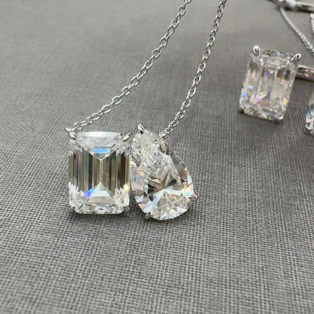 5 Karat Radiant/Smaragd-Moissanit-Diamant-Anhänger-Halskette für Damen, zertifiziertes 925er Silber, 2-Stein-Schlüsselbein-Halskette