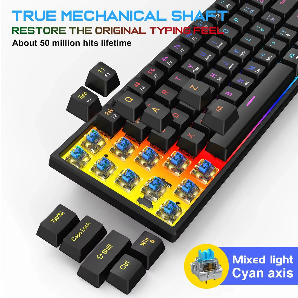 Mechanische Tastatur mit 61 Tasten, kabelgebundene Gaming-Tastatur für Laptop, Desktop, Ergonomie, RGB-Hintergrundbeleuchtung, Cyan-Achsen-Tastenkappen, PC-Zubehör