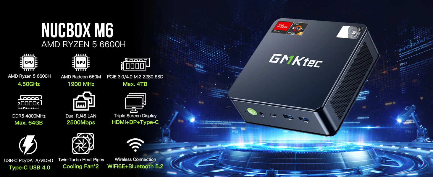 GMKtec M6 ryzen5 mini pc gamer AMD RYZEN 5 6600H DDR5 16GB 500GB 32GB 1TB SSD 5600Mhz NVME Pcie 3.0 Diy Office Gaming computer