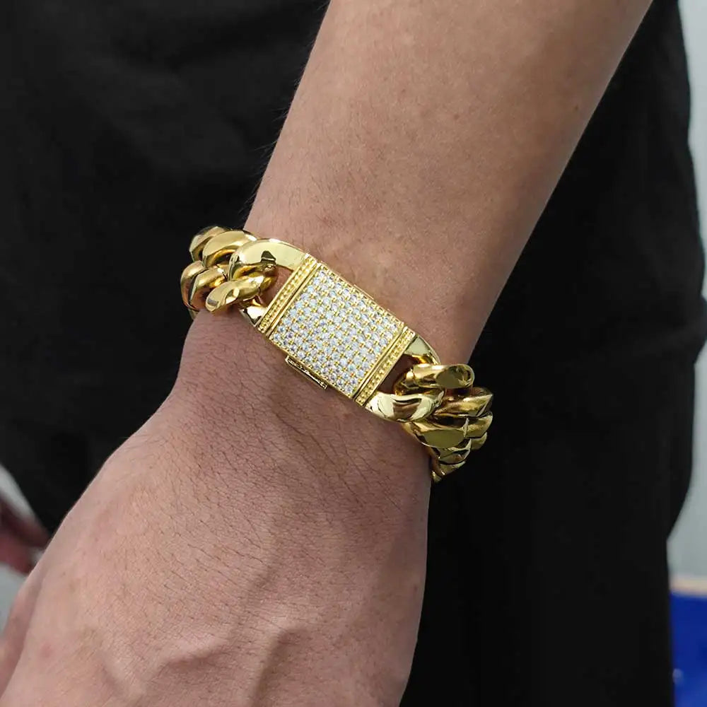 18MM Stainless Steel Cuban Chain With Bling Copper Cubic Zirconia Clasp  18k Gold Plated Hip Hop Cuban Bracelet Jewelry For Men