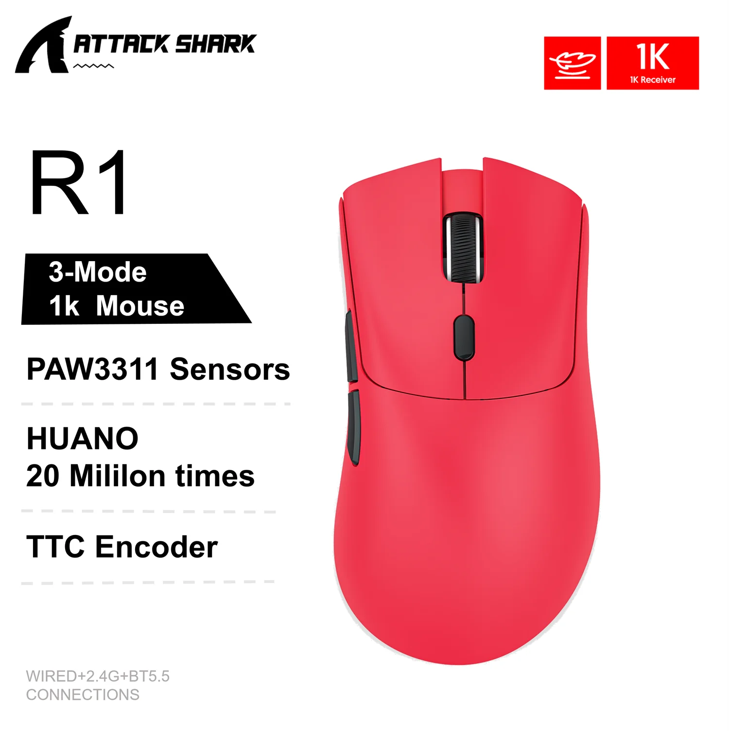 Attack Shark R1  Bluetooth Mouse Wireless Mouse Three Mode PAW3311 E-sports Mouse