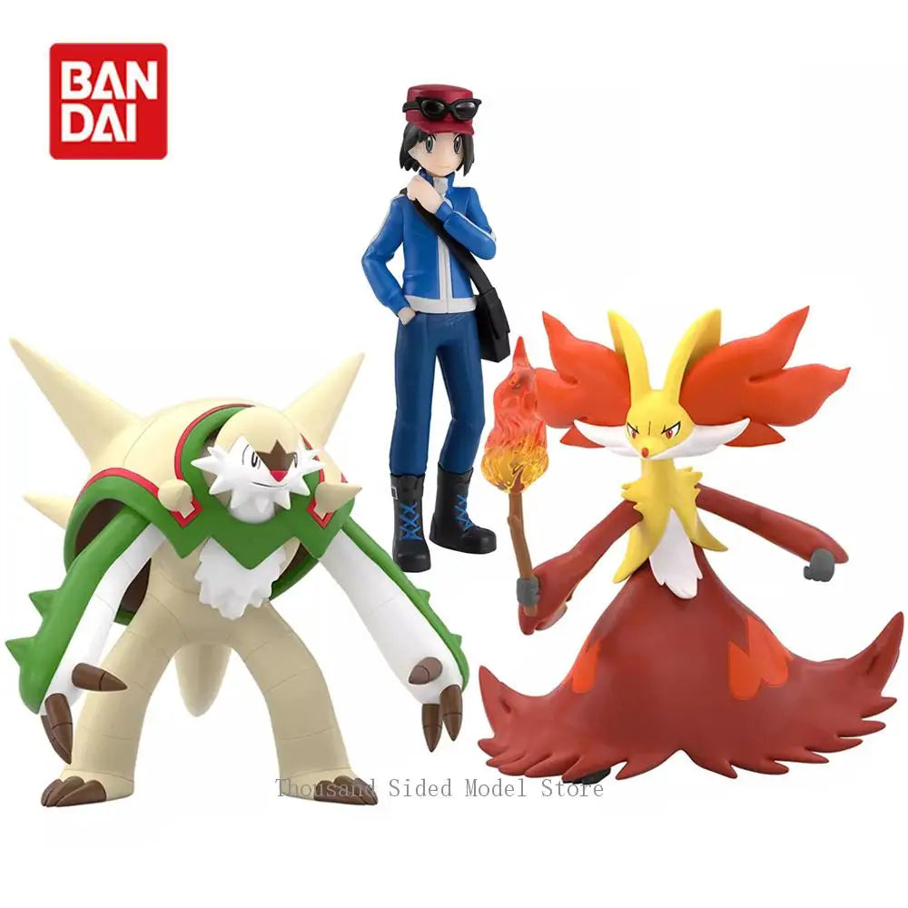 Original Bandai Pokemon Scale World Calem Delphox Chesnaught 1/20 Shokugan Anime Figure Model Collectible Toys 7.5CM