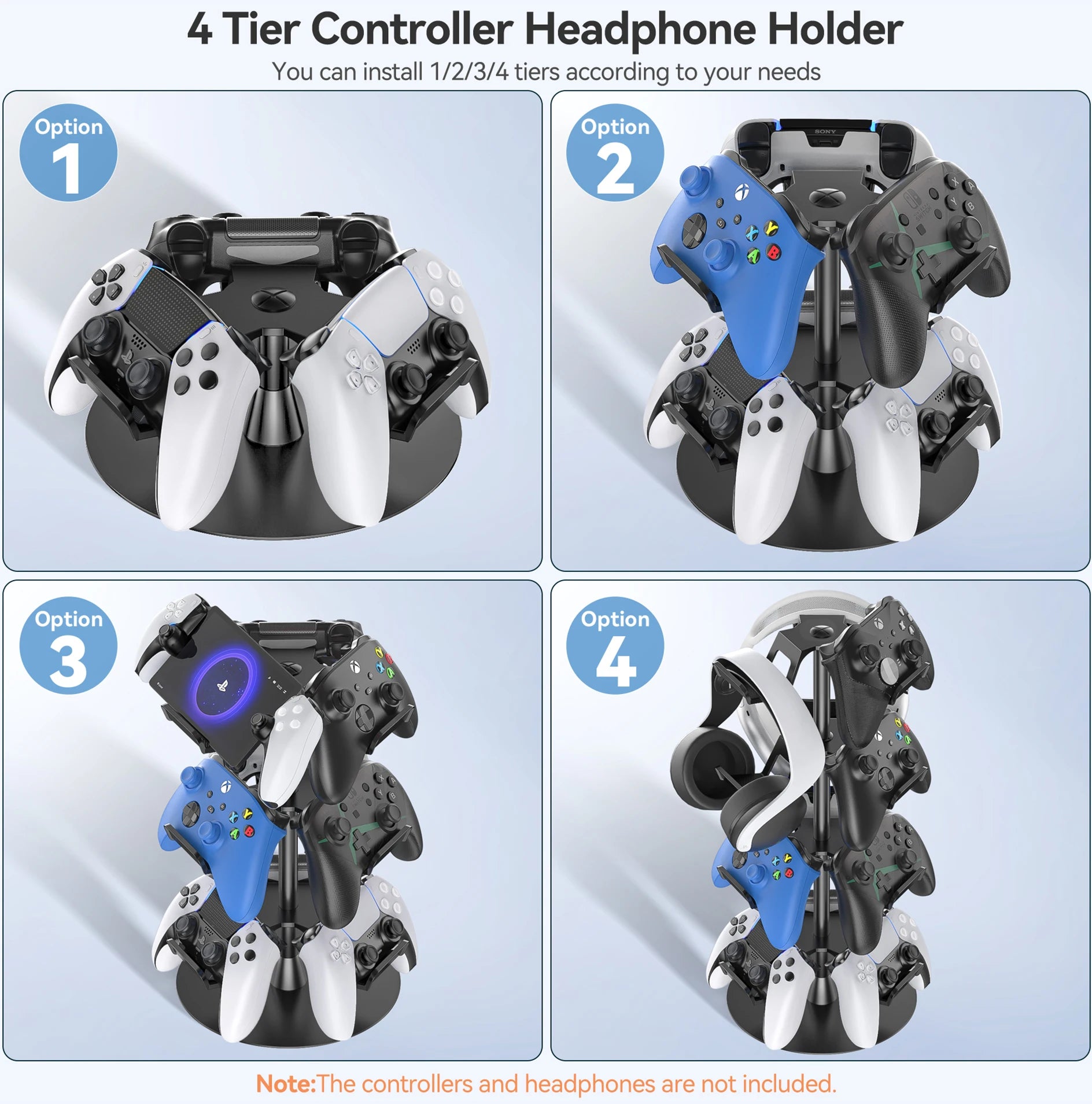 Controller Holder Stand 3 Tiers & 4Tiers Rotatable Gaming Headset Stand Compatible with Xbox PS5 PS4 Switch Pro Headphone Holder