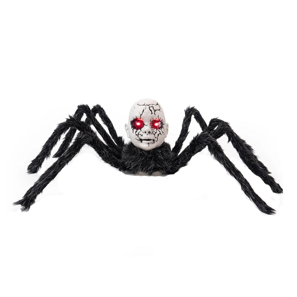 Halloween Animatronic Doll Face Spider Motion Activated Glowing Eyes Sound Control Scary Walking Toy Haunted House Prop