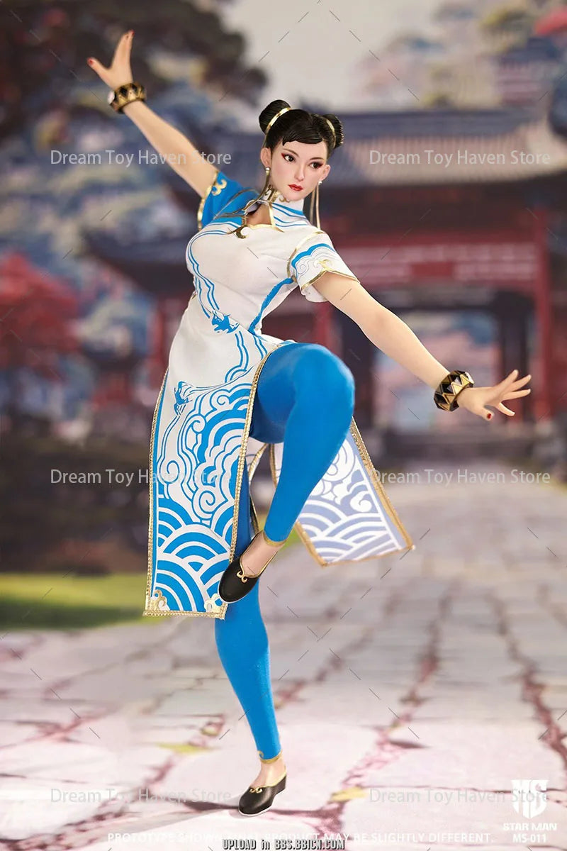 ‌STAR MAN 1/6 MS-011 Female Fighter Chun Li Blue Cloud Pattern White Cheongsam Edition‌ 12inch Action Figure Model
