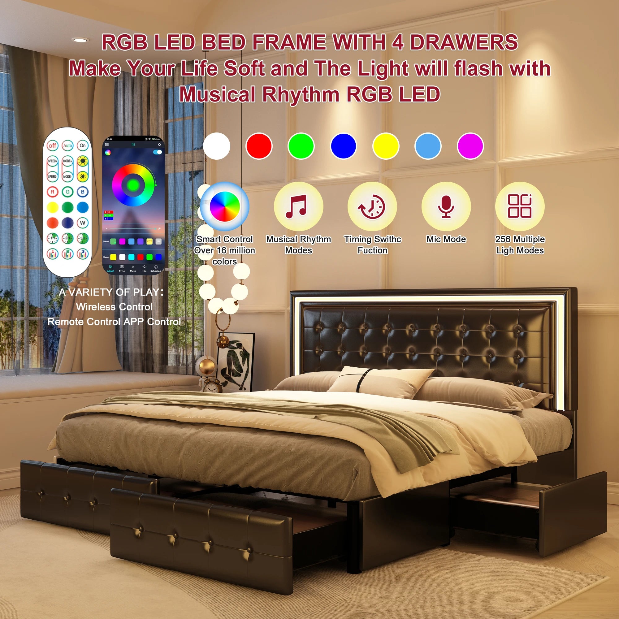 GEGOFORU Queen LED Bed Frame with 4 Storage Drawers, RGBW Headboard, PU Upholstered, No Box Spring Needed, 900 lbs Support