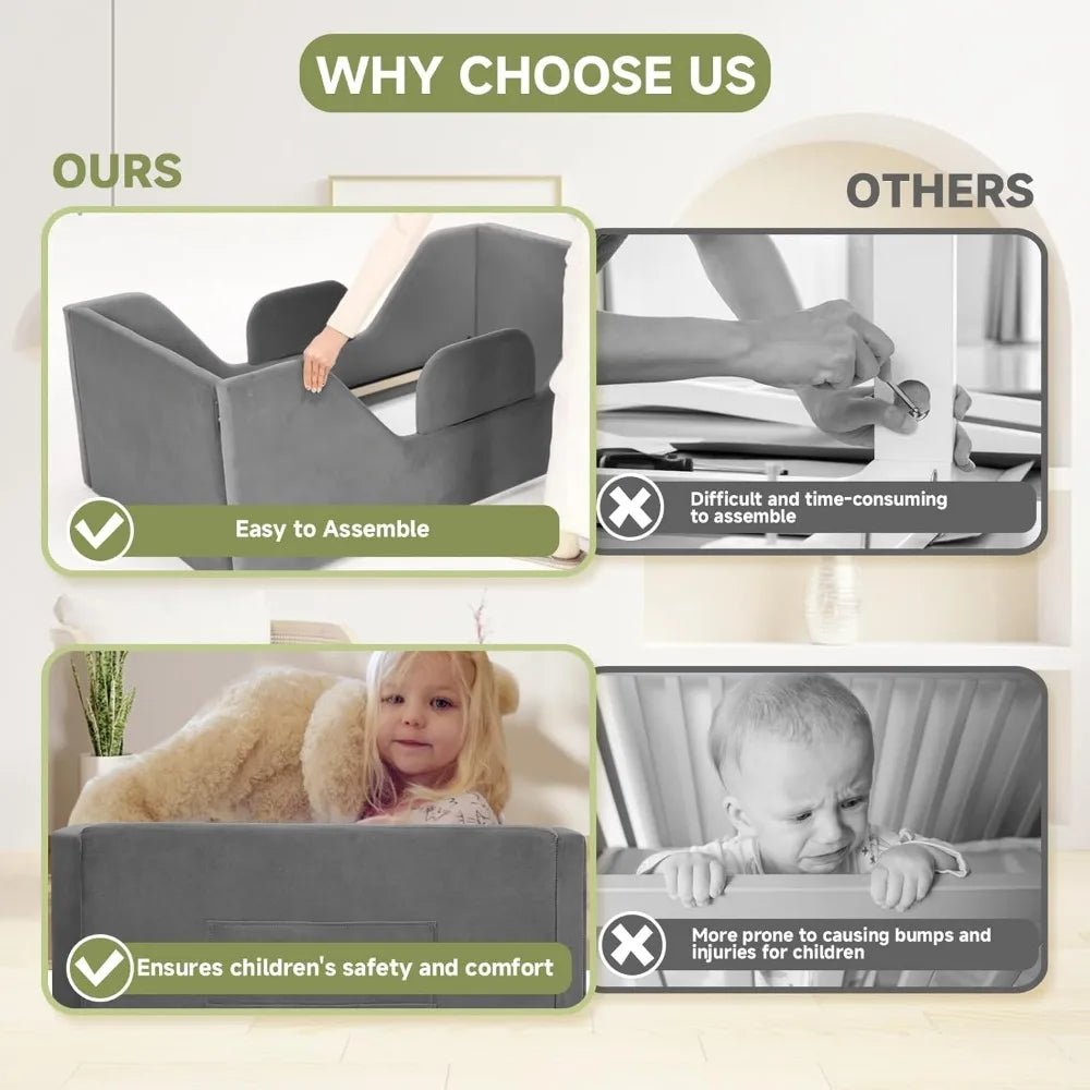 Children's Removable Rail Floor Bed with Storage, Standard Crib Size, Safety Upholstered, Suitable for Boys and Girls