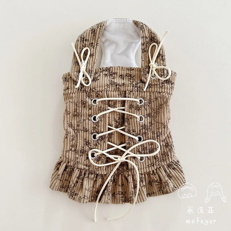 Autumn Winter Striped Lace Doll Collar Base Shirt Cute Corduroy Drawstring Vest Plush Bubble Sleeves Shoulder Strap Skirt Set