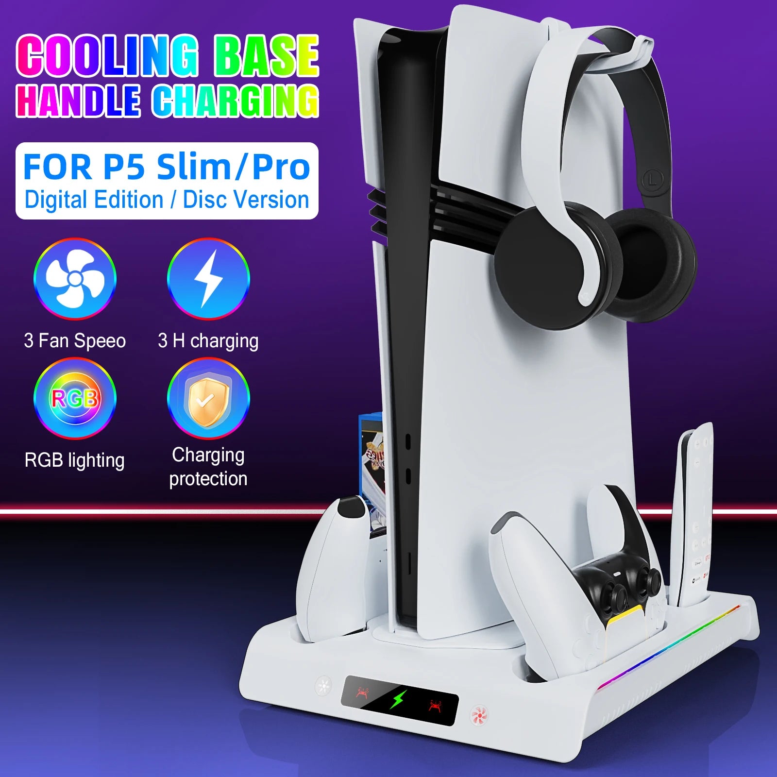 For PS5/PS5 Slim/PS5 Pro Stand with Headphone Hook, PS5 Cooling Stand and Controller Charging Station with 3-Stage Cooling Fan
