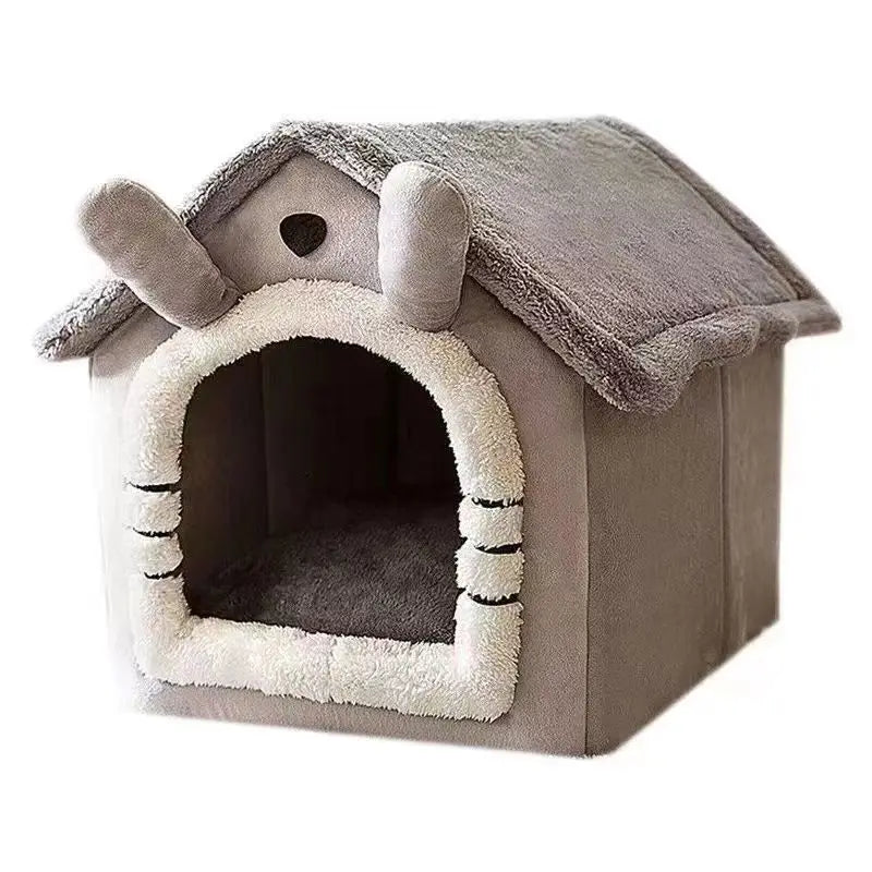 Cat Bed Dog House Gray Soft Plush Detachable Semi Enclosed Foldable Warm Cat Villa Pet Nest Four Season Universal Pet Supplies