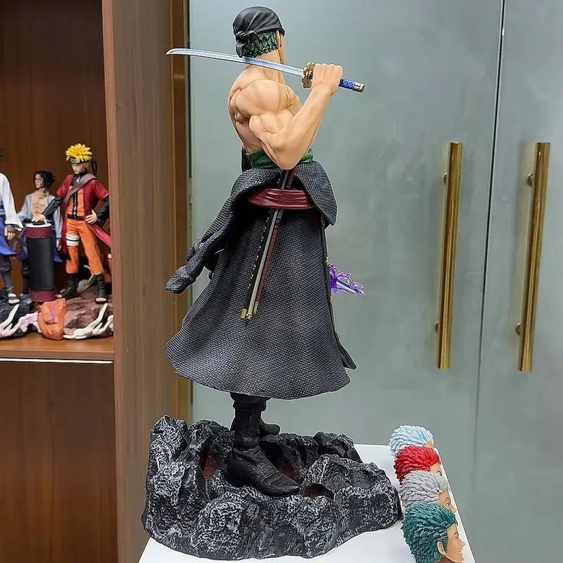 50 cm große One Piece Anime-Messerfigur Roronoa Zoro mit 5 austauschbaren Köpfen – Sammlerfigur, Modellfigur, Ornament, Geschenk für Erwachsene