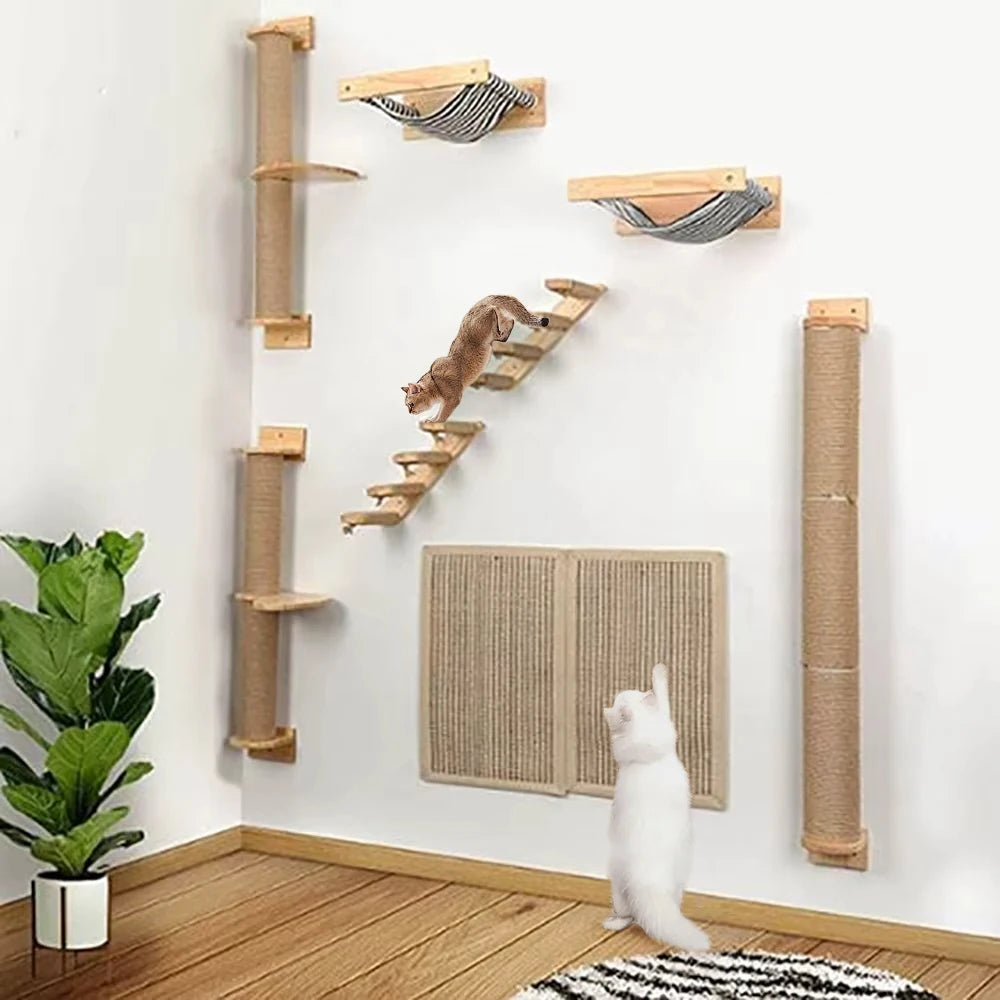 Cat Wall Wooden Climbing Bridge or Cat Hammock and Jumping Platform with Scratching Post Stairway Ladder for Cats Play