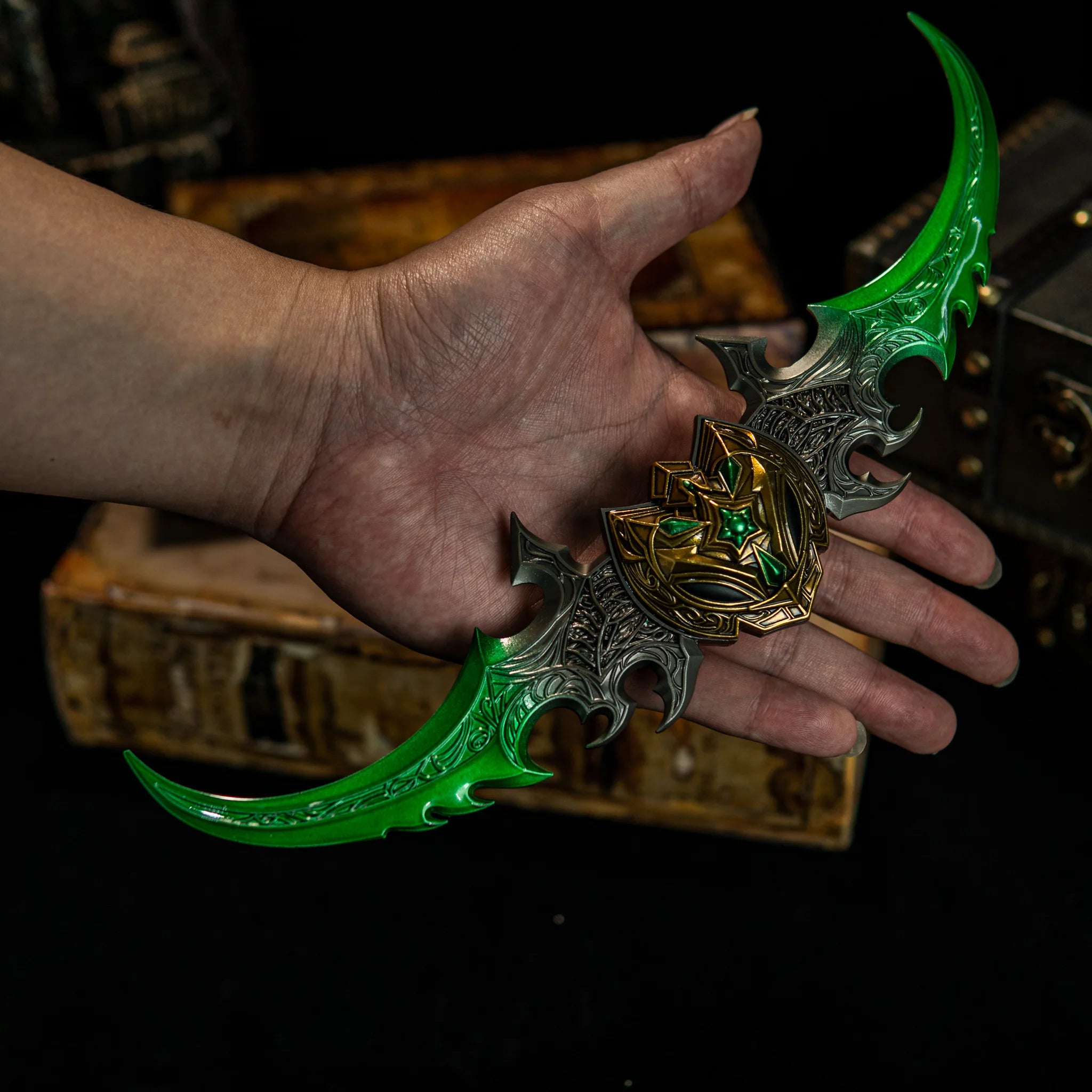 Premium 27cm Twin Blade of Azzinoth Replica, Heavy 220g Illidan Warglaive, Green Fel Blade Metal WoW Model