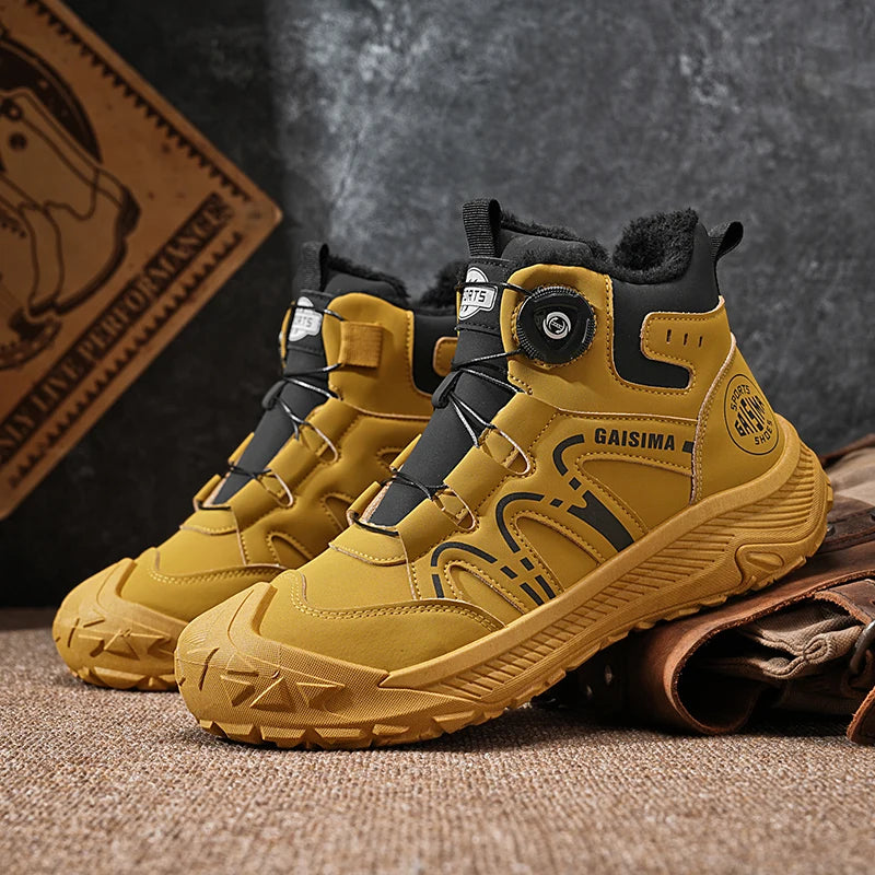 Hot Sale Winter Trekking Boots Men Yellow High top Hiking Shoes Men Work Sneakers Warm Fur Outdoor Boots Men Motorcycle Shoes