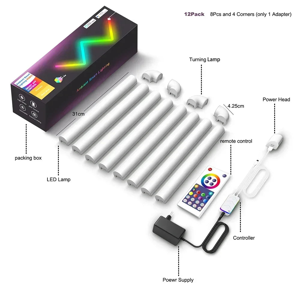 4/6/8pcs Bluetooth/TUYA WiFi LED Wall Light Spliceable RGBIC With Remote Control for Indoor TV Bedroom Game Room Bar Decor 12V