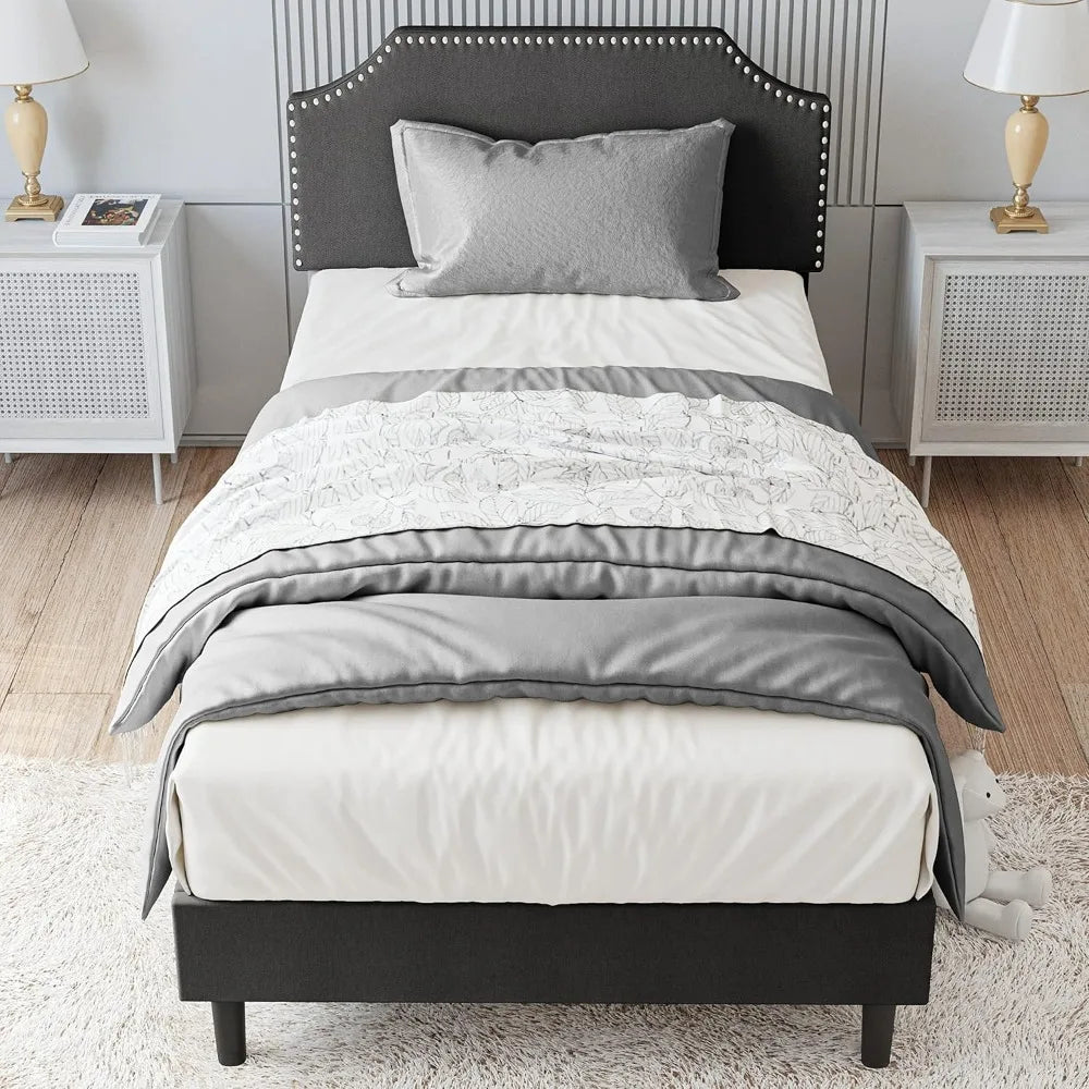 LIKIMIO Upholstered Platform Twin Bed Frame with Nailhead Trim Headboard, Height Adjustable, No Box Spring Needed, Noise-Free, G