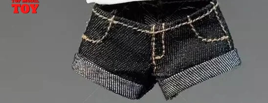 1/12 Scale White T-shirt Black/Blue Trend Denim Shorts Clothes Model Fit 6'' OB BJD Female Soldier Action Figure Body Dolls