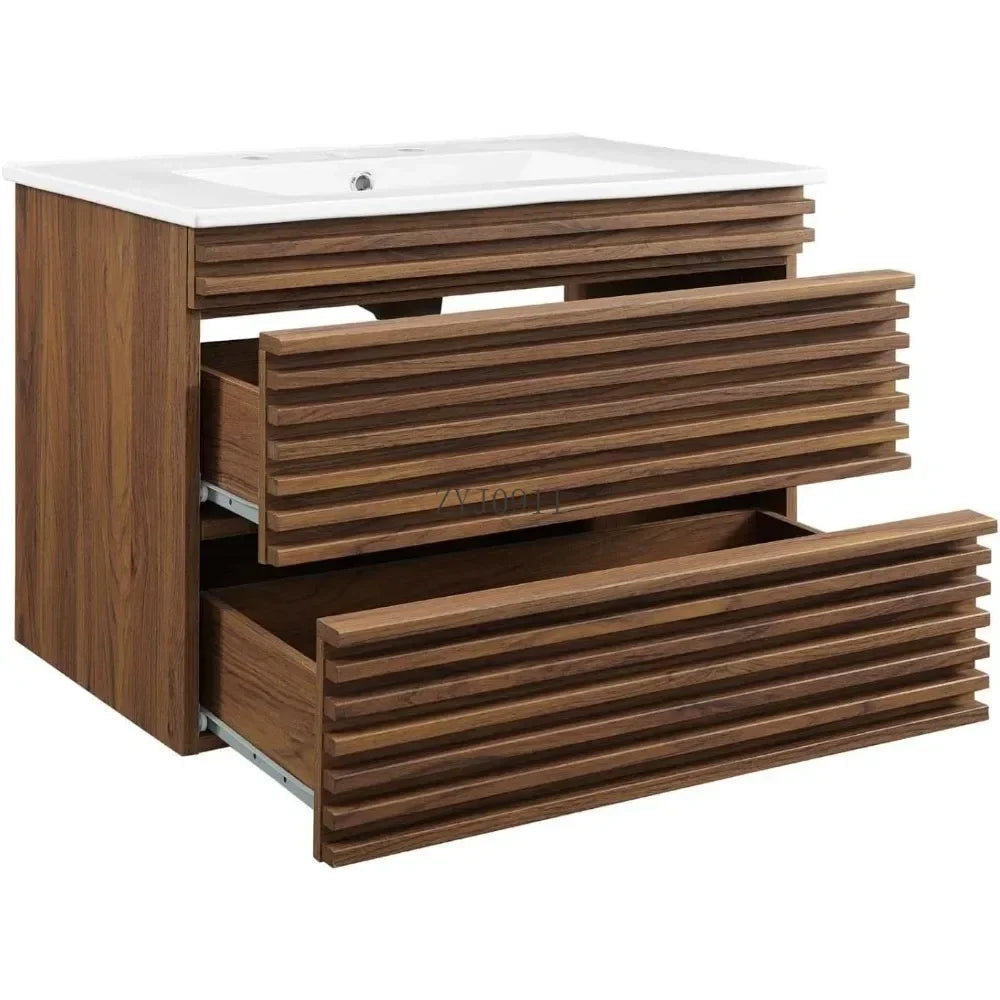 Bathroom Dresser, Vanity With Sink-Floor, 30 Inch, Walnut White,Bathroom vanity cabinet