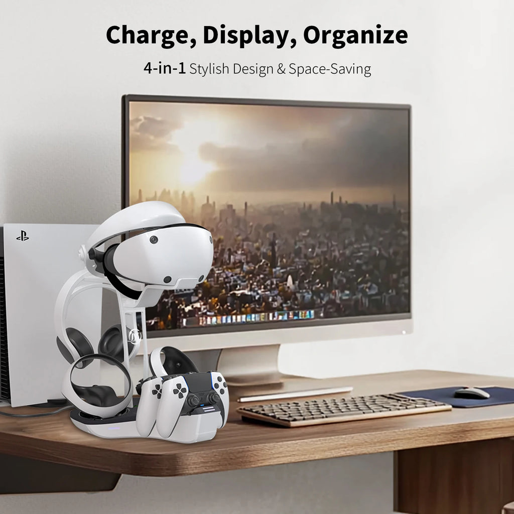 AceGamer 4-in-1 Charging Station for PS VR2 and PS5 Dual Charging Dock with VR Headset Display Holder and Headphone Rack