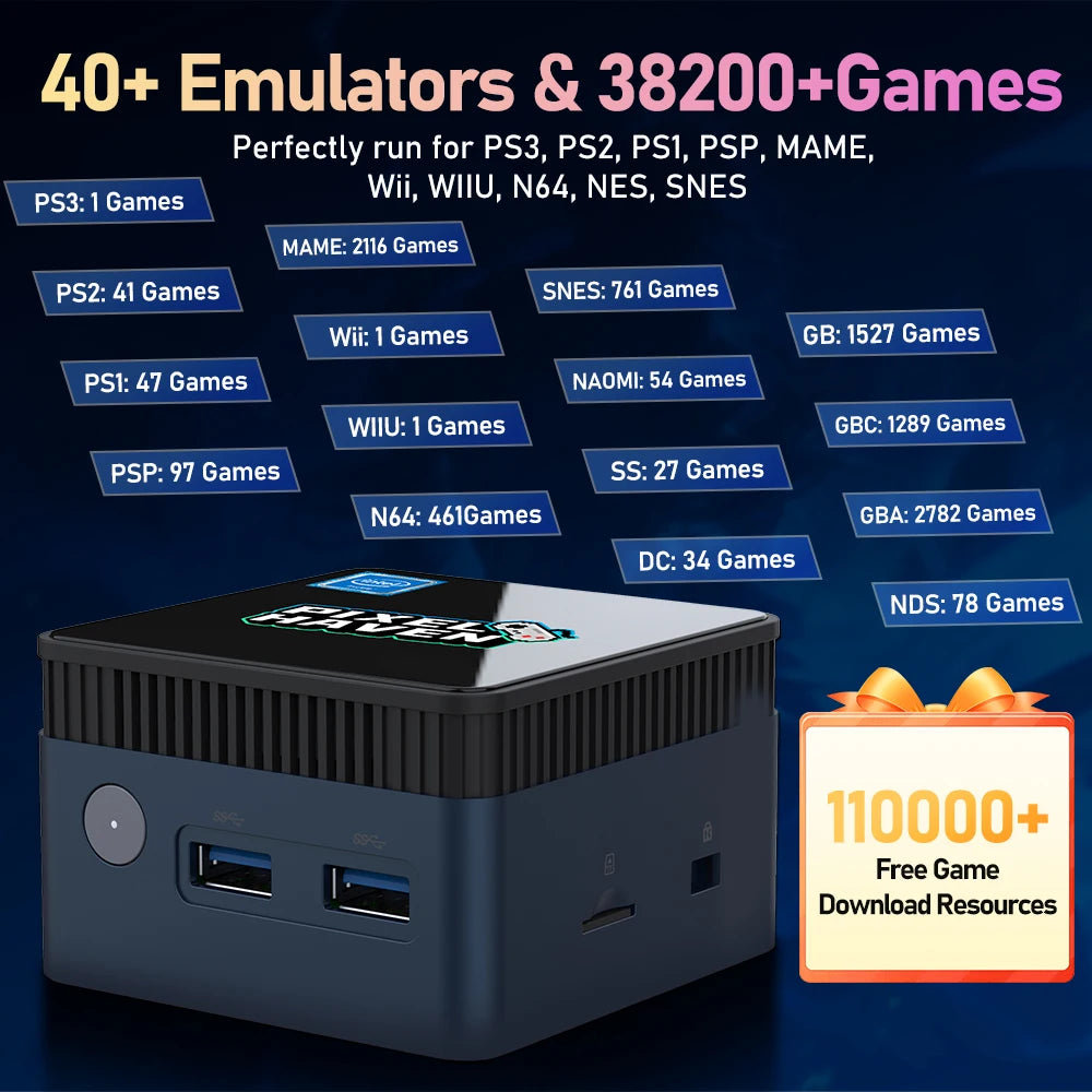 JMachen Pixel Haven Mini PC Box  Intel N100 with 38200+Games for PS3/2/1/PSP/MAME/Wii Plug and Play Windows 11&Retrobat&Playnite