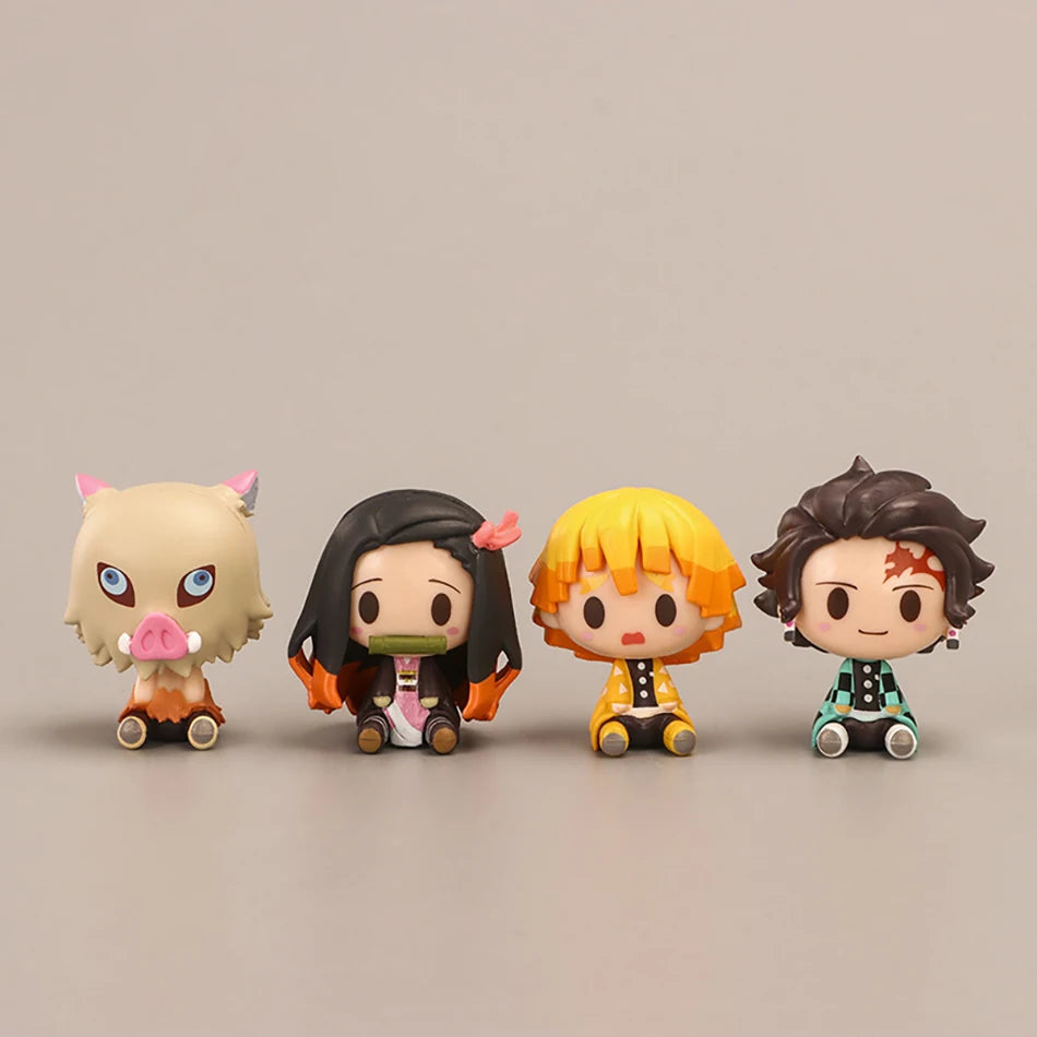 4Pcs/Set Demon Slayer Kimetsu No Yaiba Q Version Sitting Figures Tanjiro Nezuko Zenitsu Inosuke PVC Desktop Ornaments Model Toys