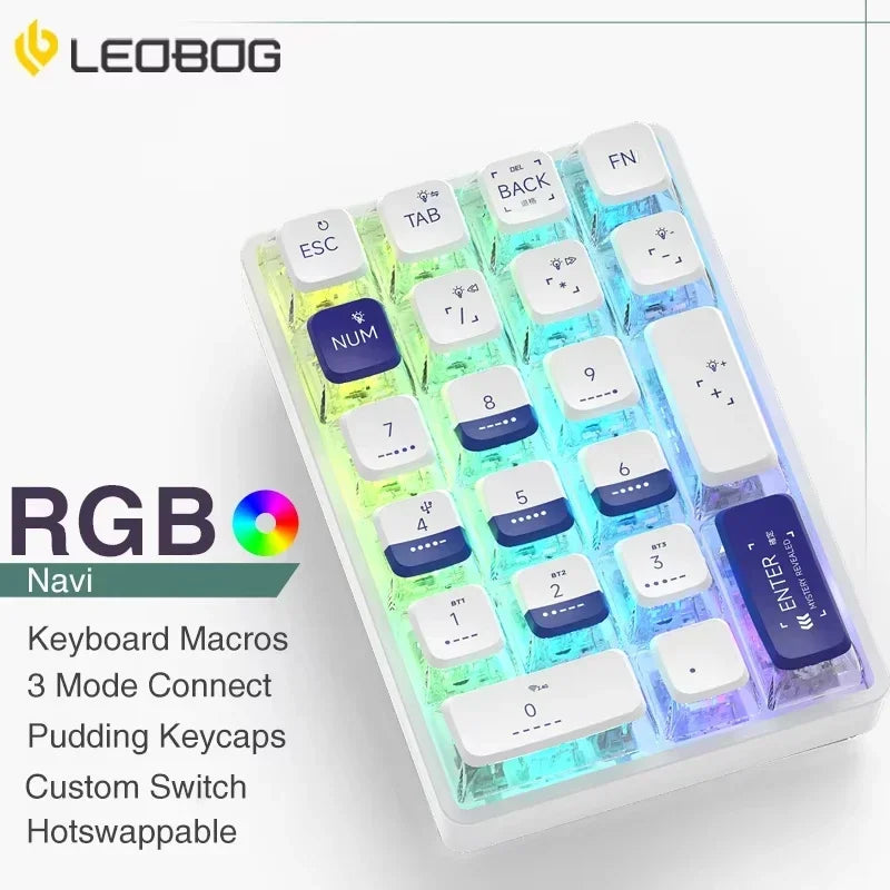 LEOBOG K21 Wireless Mechanical Numpad Keyboard 21 Key RGB 3 BT/2.4GHz/Type C Wired Hot Swappable Transparent Keycaps Keyboard