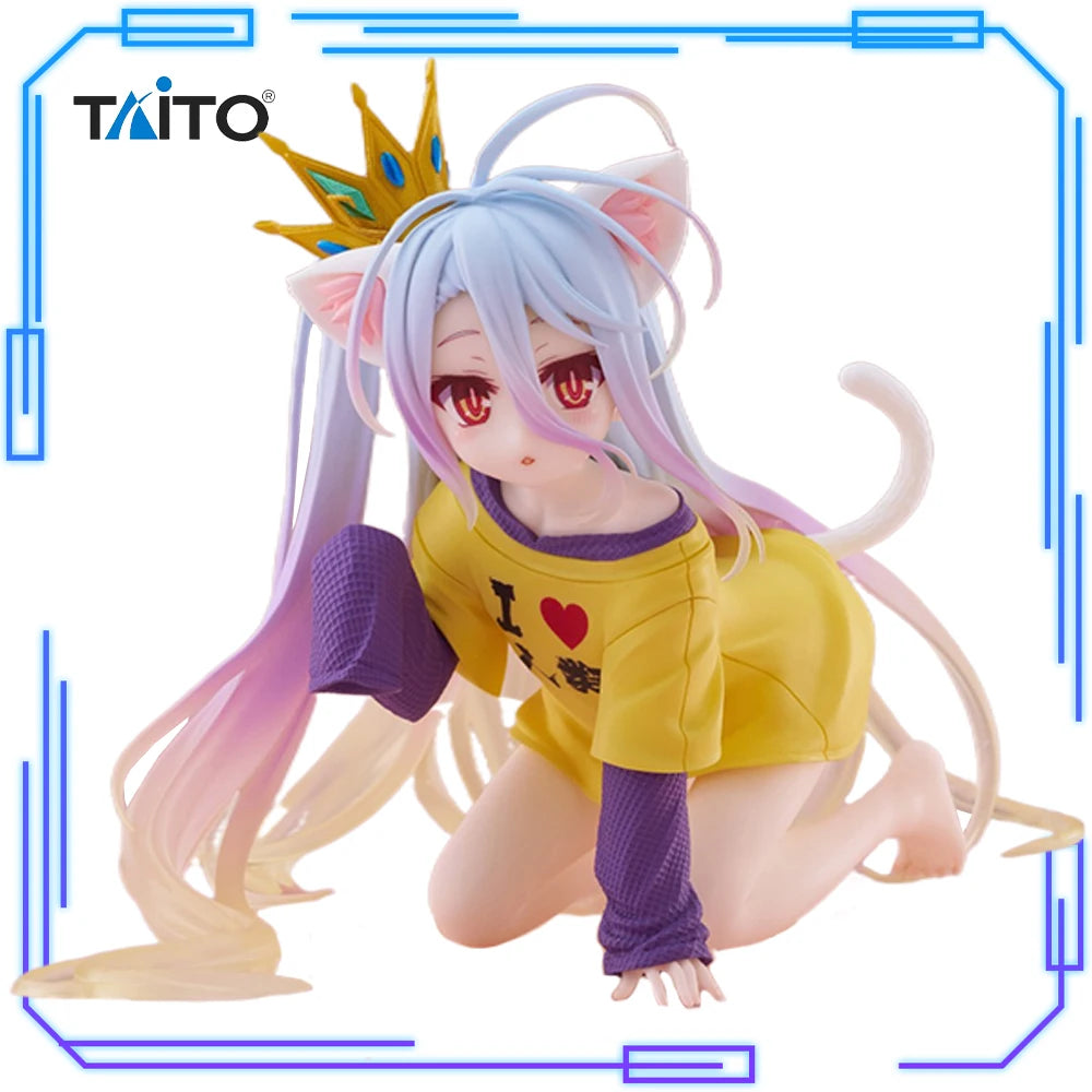 In Stock Taito Original Genuine No Game No Life: Zero Shiro Desktop Cute Figure White To Cat Ear T-Shirt 13cm Model Toy Figures